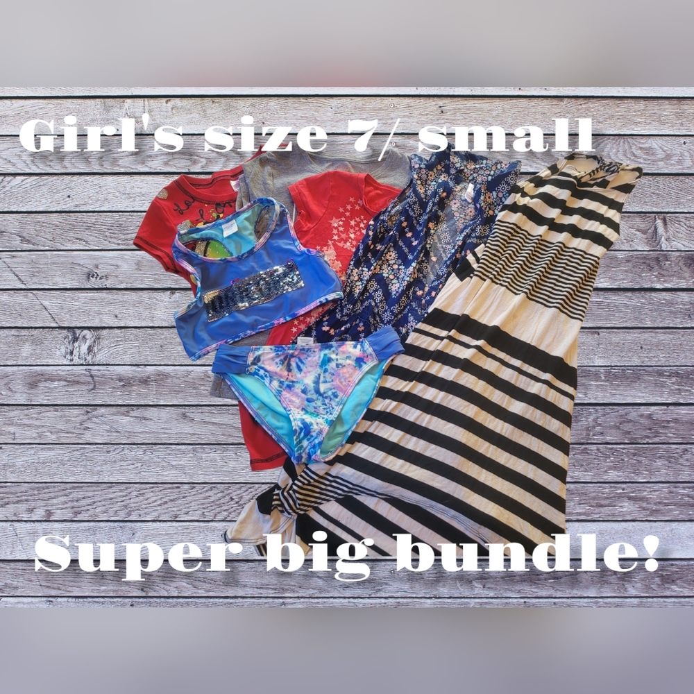 Girl's size 7/ small 2 shirts, 1 romper, 1 maxi dress, 1 2 piece swimsuit